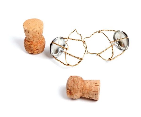 Two Corks Champagne Wine Muselets Isolated White Background Selective Focus — Stock Photo, Image