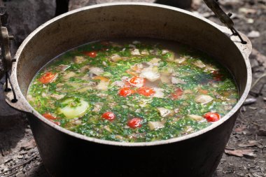 Kamp ateşinde ıslak kazanda taze pişmiş sıcak çorba. Açık hava kamp yemekleri..