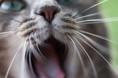 Gri kedi kameraya doğru esniyor. Yakın çekim görüntüsü. Seçici odak.