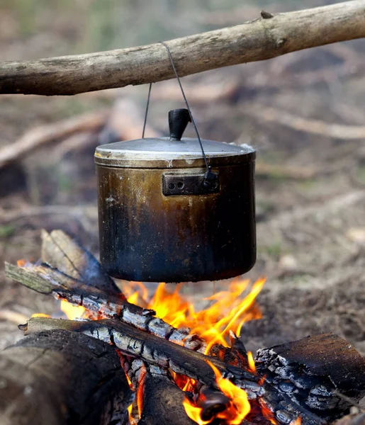Cooking Sooty Cauldron Campfire Forest — Stock Photo, Image