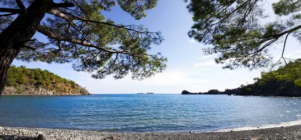 暖かい太陽の夏の日に松の木から影を持つ穏やかな湾と小石の無人ビーチ 地中海 トルコ 広角ビュー — ストック写真