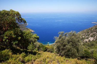 Güneşli yaz gününde güzel sakin bir koy ve açık mavi bir deniz. Akdeniz, Hindi. Yukarıdan görüntüle.