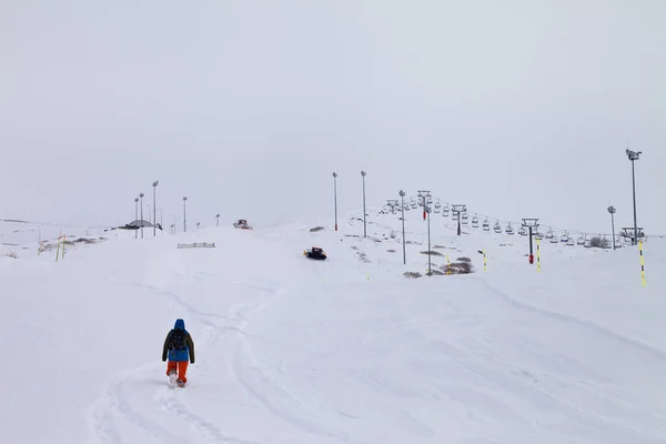 吹雪の後の新雪ともやの中の灰色の空とスキー場 コーカサス山脈 ジョージア州 雪に覆われた冬のグドーリ地方 — ストック写真