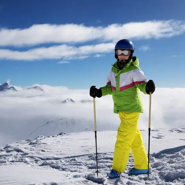 Young Skier Ski Poles Top Snowy Mountain Sun Winter Day — Stockfoto