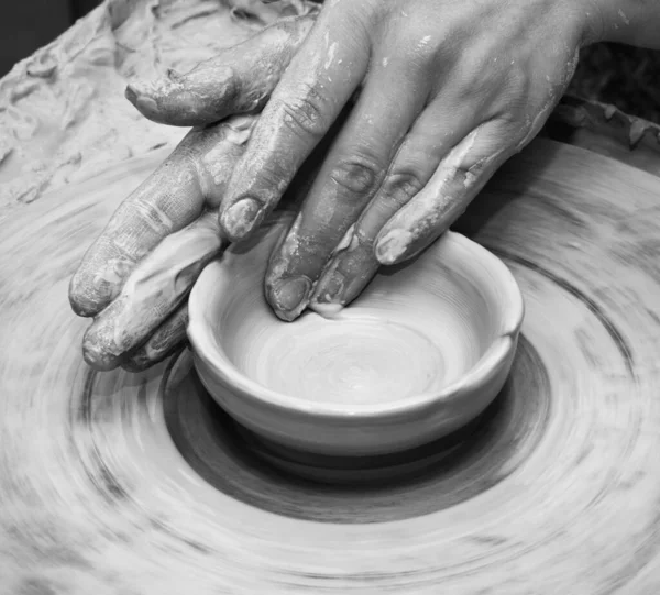 Woman Hands Clay Process Making Clay Bowl Pottery Wheel Potter — Foto Stock