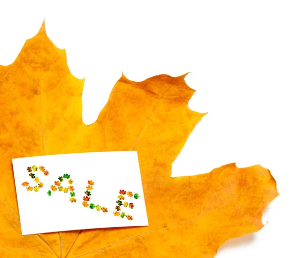 Herbstgelbes Ahornblatt Und Preiskarte Mit Dem Wort Verkauf Bestehend Aus — Stockfoto