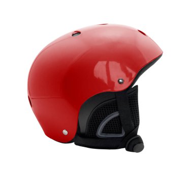 Kırmızı kayak kaskı. Beyaz arkaplanda izole.