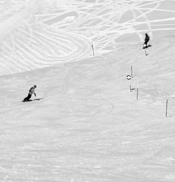 Two Snowboarders Downhill Snowy Freeride Trace Sun Cold Day Caucasus — Stock Photo, Image