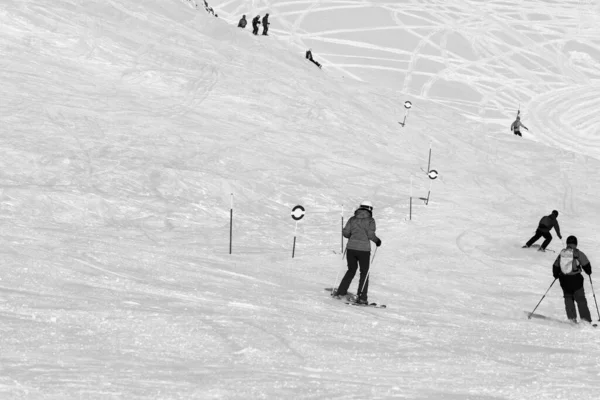 Esquiadores Snowboarders Cuesta Abajo Pista Esquí Nevado Día Frío Sol — Foto de Stock