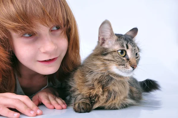 Criança e gato olhando com surpresa — Fotografia de Stock