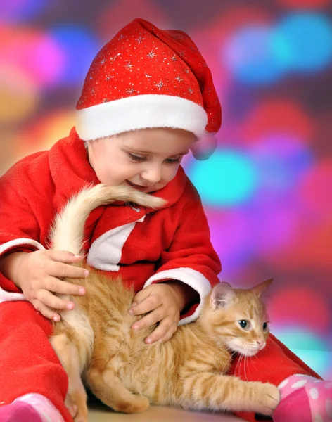 Retrato navideño de un niño con un gato — Foto de Stock