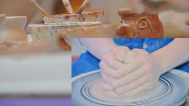 Dzieci, kształtowanie gliny na koła z ceramiki i malarstwa ich sztuki — Wideo stockowe