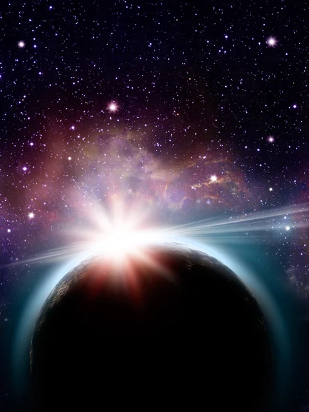 Aufgehende Sonne unter dem Erdplaneten, abstrakte Hintergründe — Stockfoto