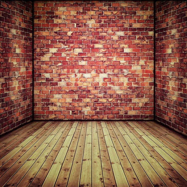 Interior abstracto con pared de ladrillo viejo y suelo de madera — Foto de Stock
