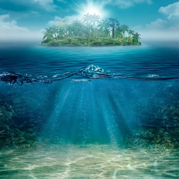 Einsame Insel im Ozean, abstrakte Naturhintergründe Stockbild