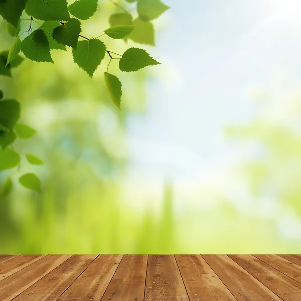 Wooden desk over natural backgrounds — Stock Photo, Image