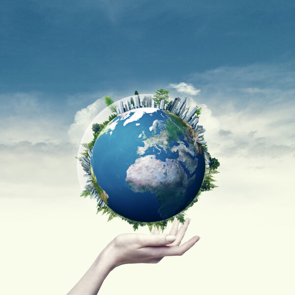 Female hand hold 3D rendered Earth globe.