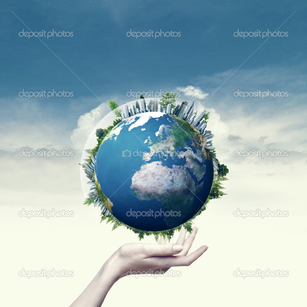 Female hand hold 3D rendered Earth globe.