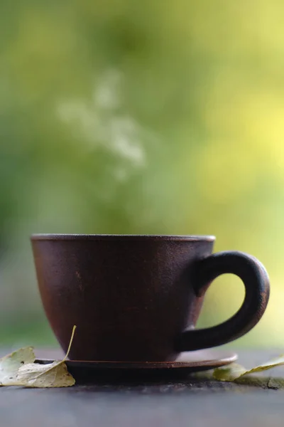 Vroege Ochtend Kopje Verse Heerlijke Koffie Tafel — Stockfoto