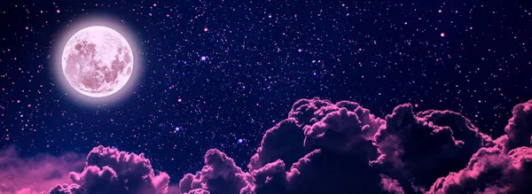Fondos Cielo Nocturno Con Estrellas Luna Nubes Color Rosa Plástico —  Fotos de Stock