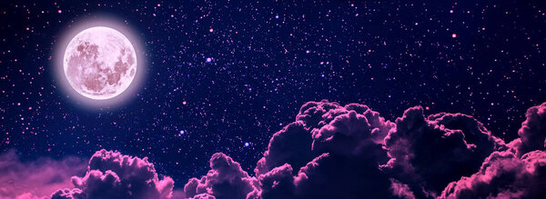 Backgrounds night sky with stars and moon and clouds. Plastic Pink color. Elements of this image furnished by NASA