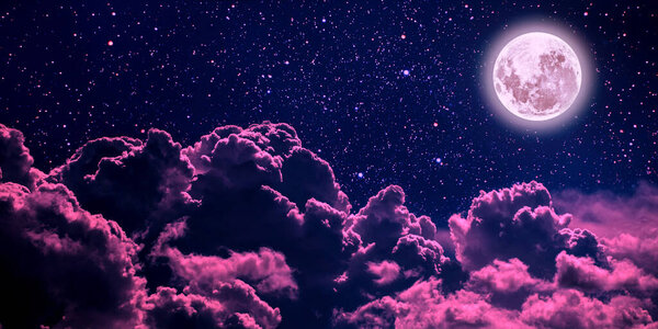 Backgrounds night sky with stars and moon and clouds. Plastic Pink color. Elements of this image furnished by NASA