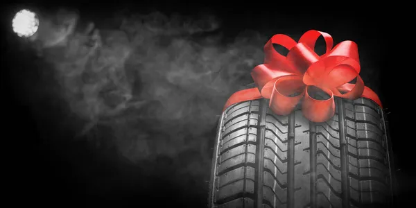 Black Isolation Rubber Tire Grey Backgrounds Bow Christmas — Stock Photo, Image