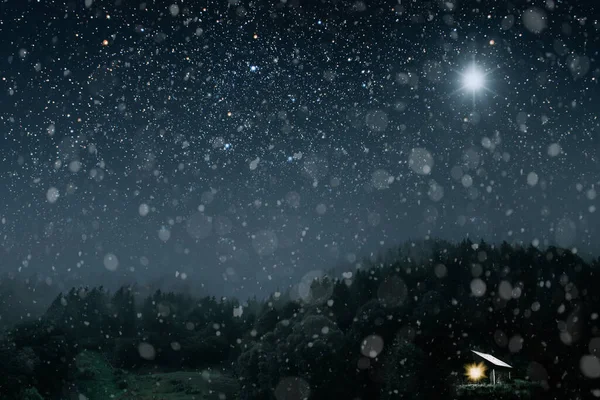 Csillag Ragyog Jézus Krisztus Karácsony Jászolán Panoráma — Stock Fotó