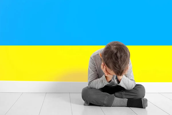 Boy Sitting Flag Ukraine — стоковое фото