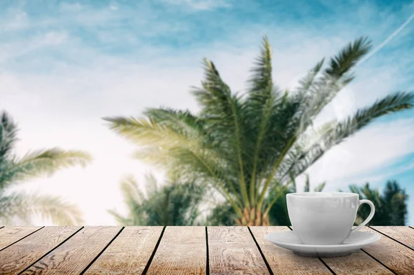 morning hot coffee on the table on a sea background