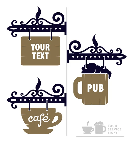 カップとビールのアイコンとの café のための木製の装飾的な標識 — ストックベクタ