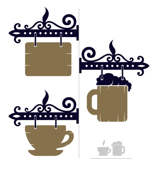 Signos de madera decorativas para café con iconos de copa y cerveza — Vector de stock