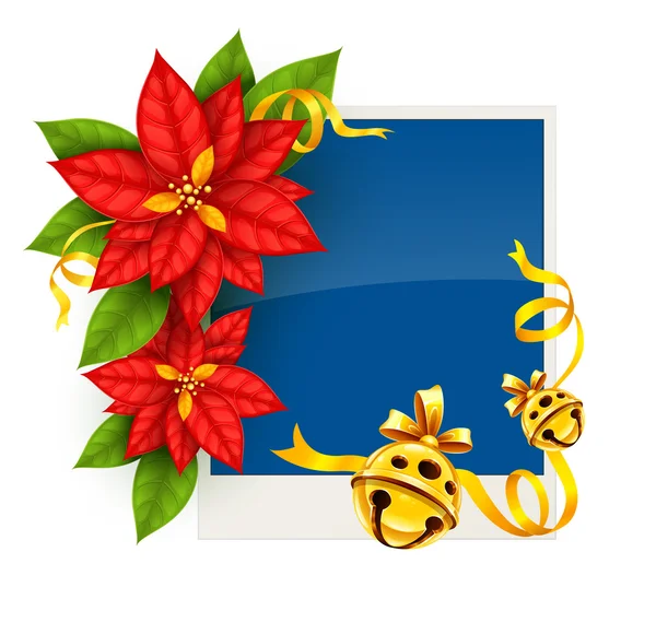 Christmas greeting card with poinsettia flowers and gold jingle bells — Stock Vector