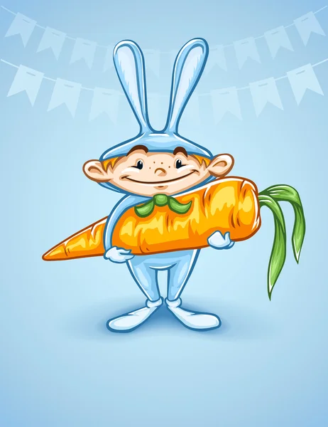 Happy little boy in rabbits costume with big carrot — Stock Vector