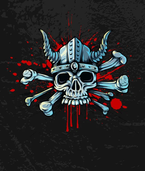 Bloody skull in helmet with horns and bones — Stock Vector
