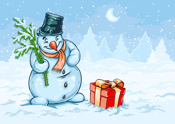 Natale pupazzo di neve e rosso regalo con fiocco — Vettoriale Stock