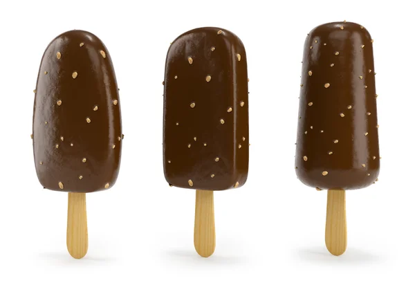 Chocolate ice-cream with nut on stick 3d illustration — Stock Photo, Image