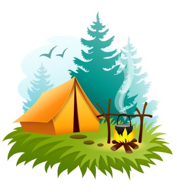 Camping in forest with tent and campfire clipart