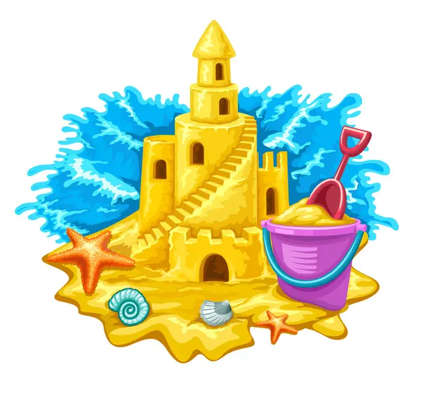 Castillo de arena con niños juguetes y ondas azules sobre fondo — Vector de stock