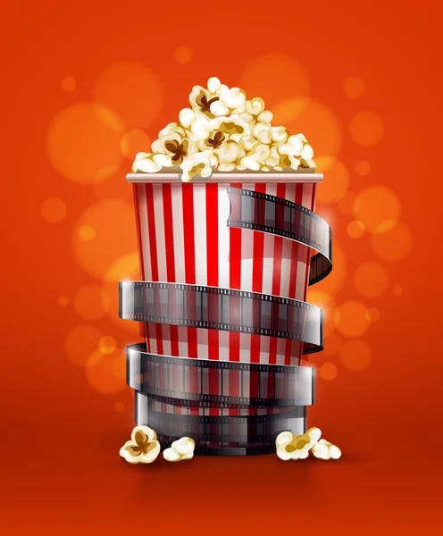 Concetto di cinema con secchio di carta con del nastro di popcorn e pellicola — Vettoriale Stock