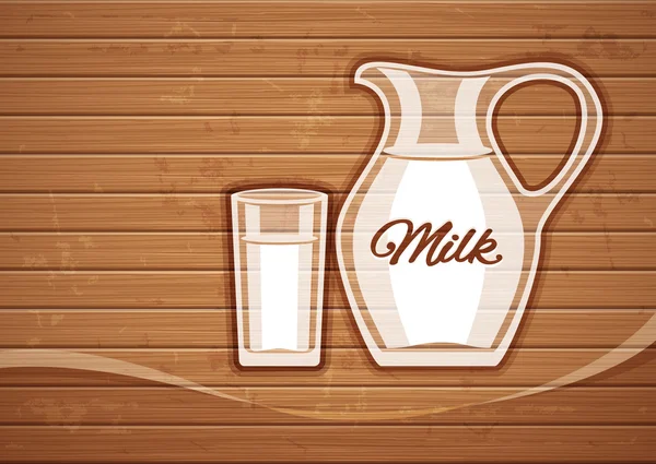 Jarra e copo cheio com leite sobre placa de madeira — Vetor de Stock