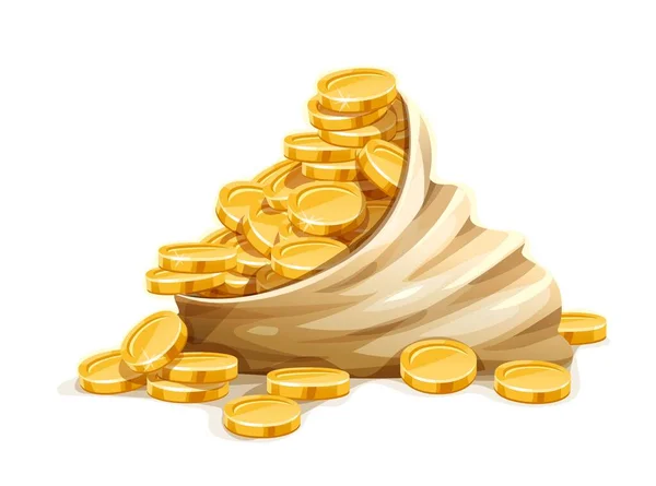 Açık çuvaldaki altın sikkeler nakit para izole edilmiş vektör yığınları. — Stok fotoğraf