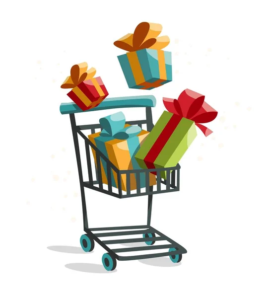 Shopping basket with gifts for Christmas holiday or Birthday. — Stock Photo, Image