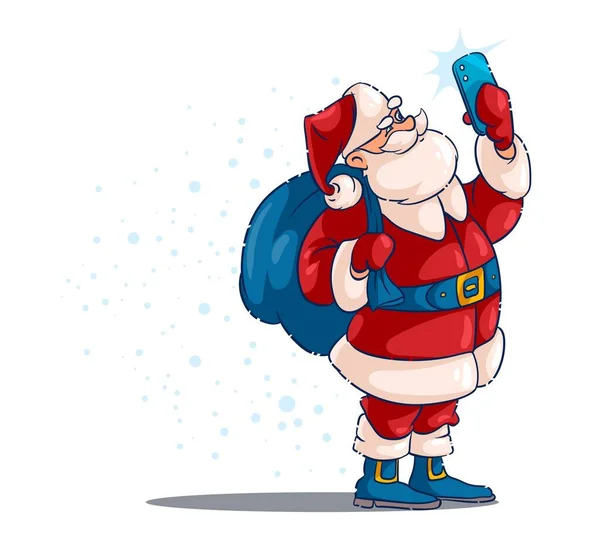 Santa Claus personaje de Navidad con regalos saco toma selfie. — Foto de Stock