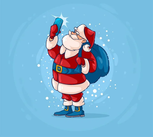 Santa Claus personaje de Navidad con regalos saco toma selfie. — Foto de Stock