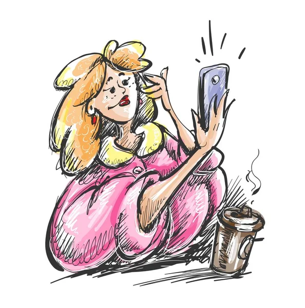 Hand drawn sketch of beautiful fashionable girl doing selfie. — Stock Photo, Image