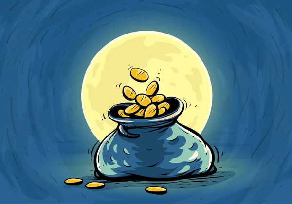Sacco pieno con monete d'oro sul cielo lunare. Disegnato a mano. Vettore. — Foto Stock