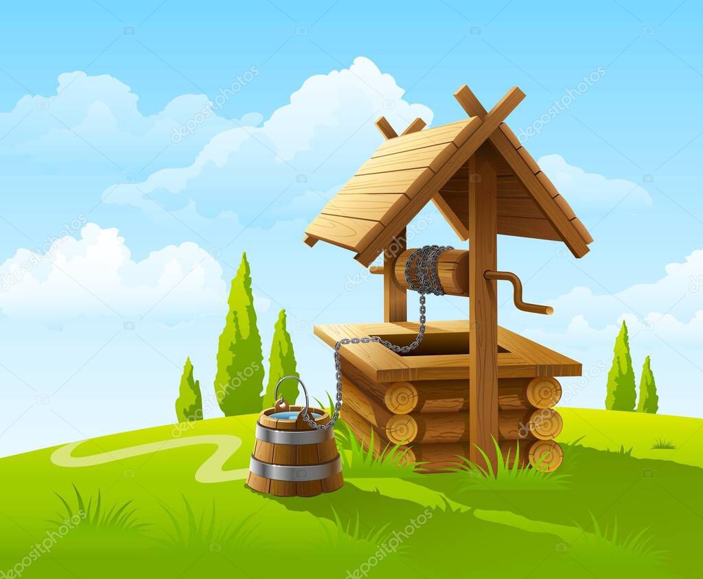 Landscape with old wooden well and bucket of water. Vector illustration.