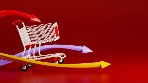 スーパーマーケットからの買い物のためのショッピングカートは 赤の背景に移動矢印の間で高速です アクティブなショッピングコンセプト 貸し出し中だ 3Dイラスト — ストック写真