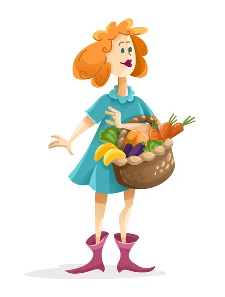 Pretty woman with basket full of fresh vegetables and fruits. — Stock Photo, Image